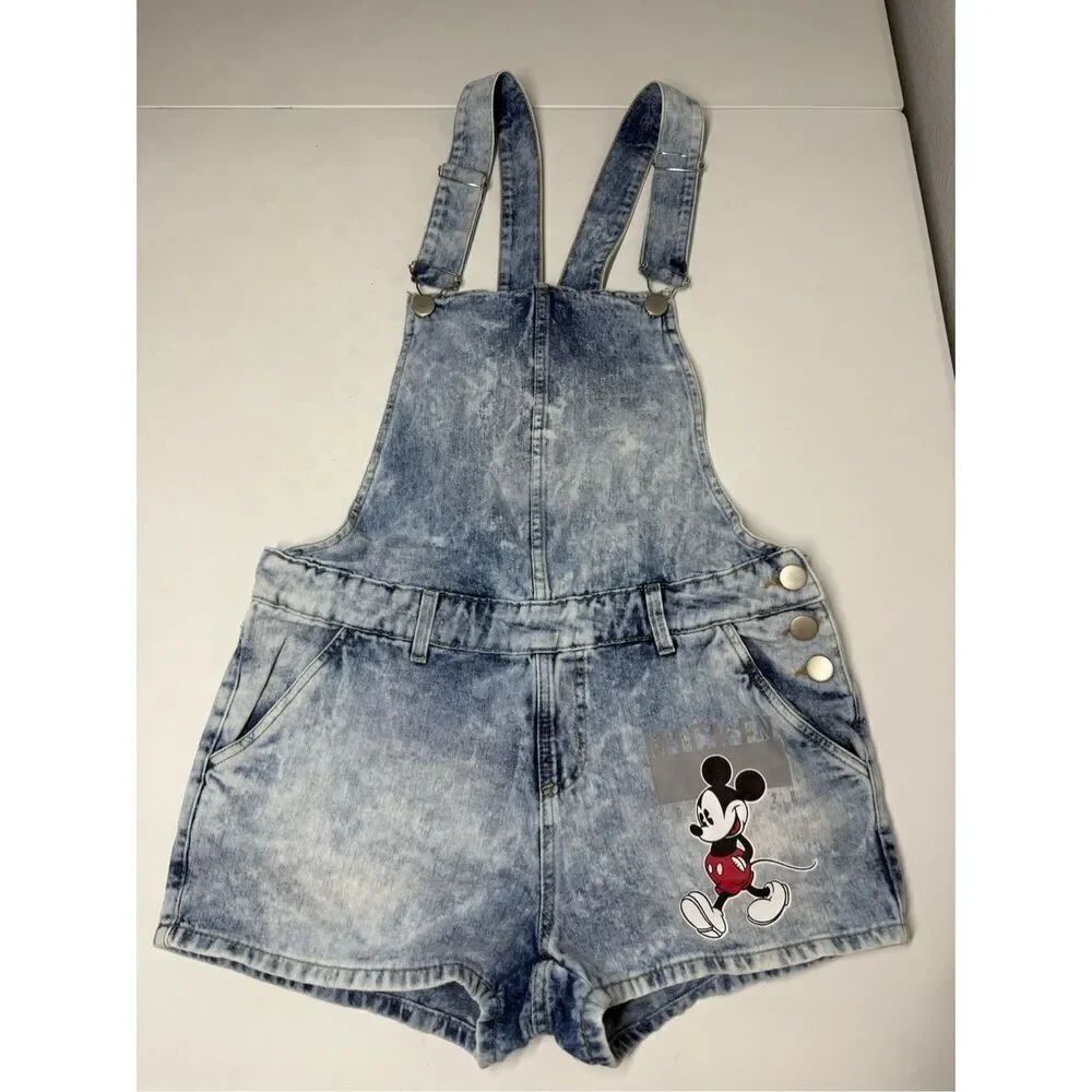 Disney Guararapes Overall Denim Shorts Mickey Mouse Print Acid Wash Size M